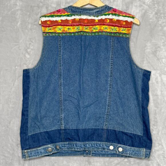 Susan Bristol Denim Vest M Vtg 90's Y2K Button Down Colorful Artsy Floral Indie - Picture 3 of 8